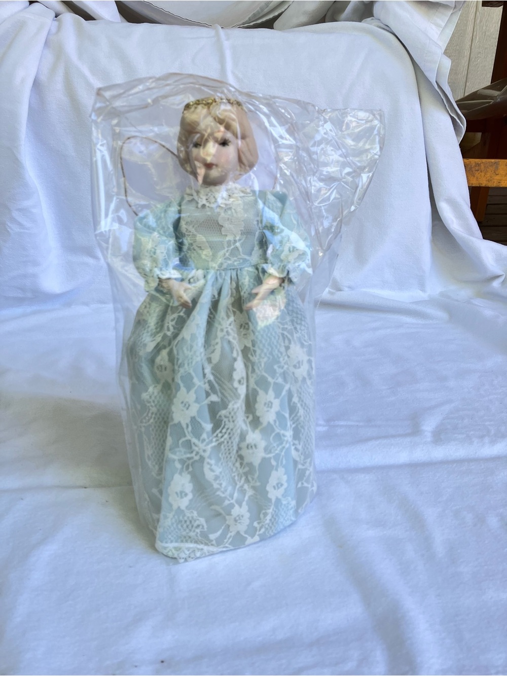 Avon Christmas Tree Topper Porcelain Angel Doll in Pale Blue Lace Dress